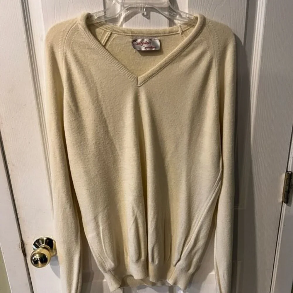 Vtg Puritan Cashmist V-Neck Sweater Mens L Ivory Preppy Ivy pullover Knit USA